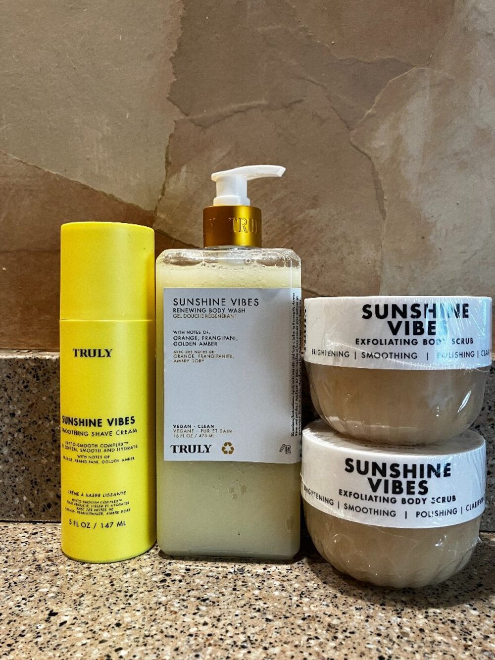 TRULY Set Of Sunshine Vibes 2 Body Scrubs and 1 Shave Cream , Shower Gel! NEW